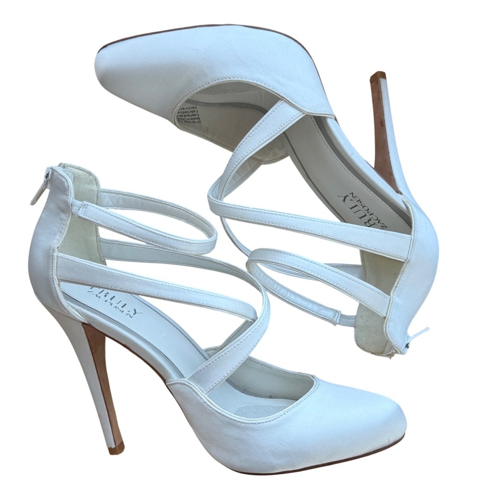 Truly Zac Posen‎ White Satin Strappy Pointed Toe Stiletto Pumps Heels 7.5M